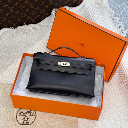 Pre-owned Certified Hermes Kelly Pochette in Black Swift  Leather with Silver Hardware, 2021, w/ full set