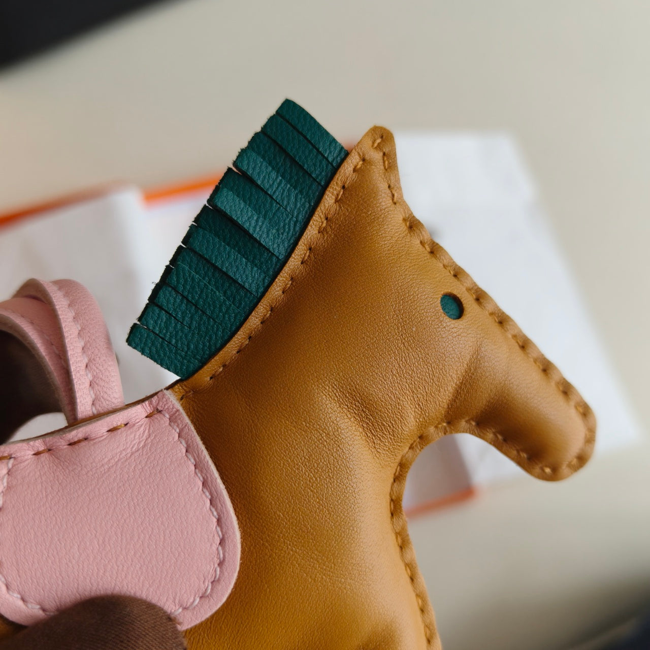 Pre-owned Certified Hermes Medium Rodeo Charm in Sesame Lambskin with Malachite and Rose Sakura, 2020, w/ box