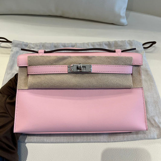 Pre-owned Certified Hermes Mini Kelly Pochette in Sakura Pink Swift Leather with Silver Hardware, 2025, w/ Full Set