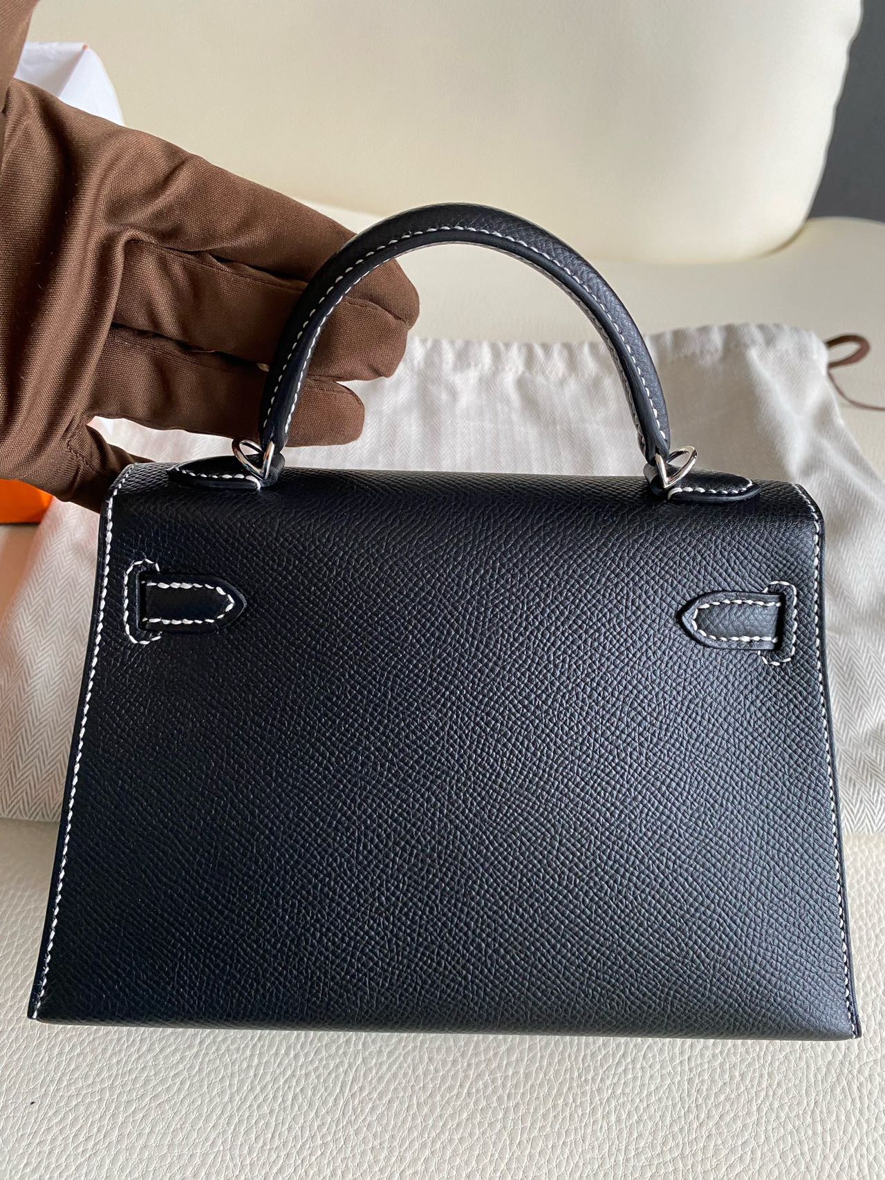 Pre-owned Certified Hermes Mini Kelly SO Black Epsom Leather with White Stitching, with Silver Hardware, 2025 (K stamp), w/ Full Set