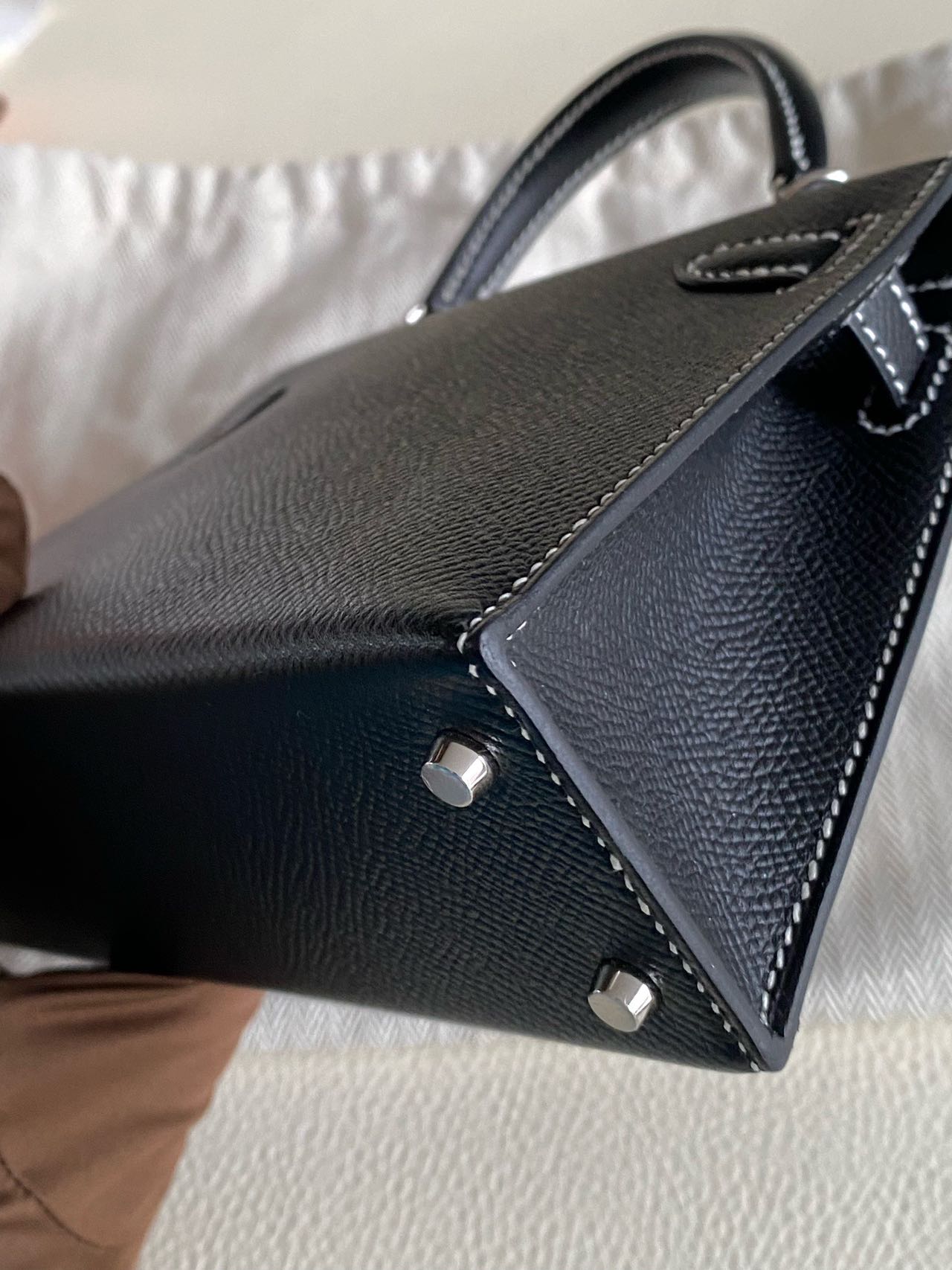 Pre-owned Certified Hermes Mini Kelly SO Black Epsom Leather with White Stitching, with Silver Hardware, 2025 (K stamp), w/ Full Set