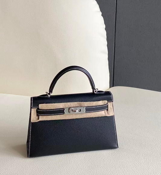 Pre-owned Certified Hermes Mini Kelly SO Black Epsom Leather with White Stitching, with Silver Hardware, 2025 (K stamp), w/ Full Set