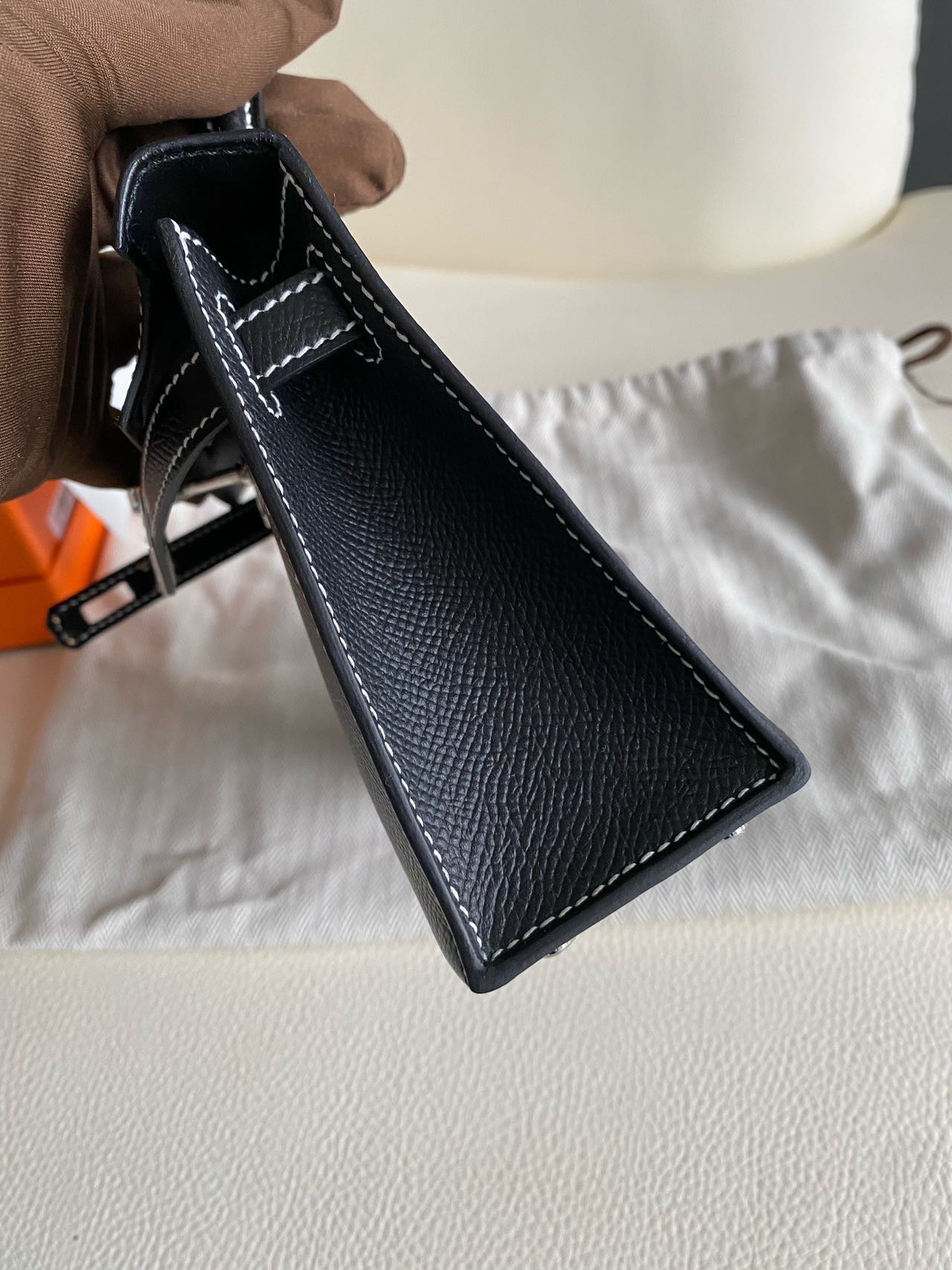 Pre-owned Certified Hermes Mini Kelly SO Black Epsom Leather with White Stitching, with Silver Hardware, 2025 (K stamp), w/ Full Set