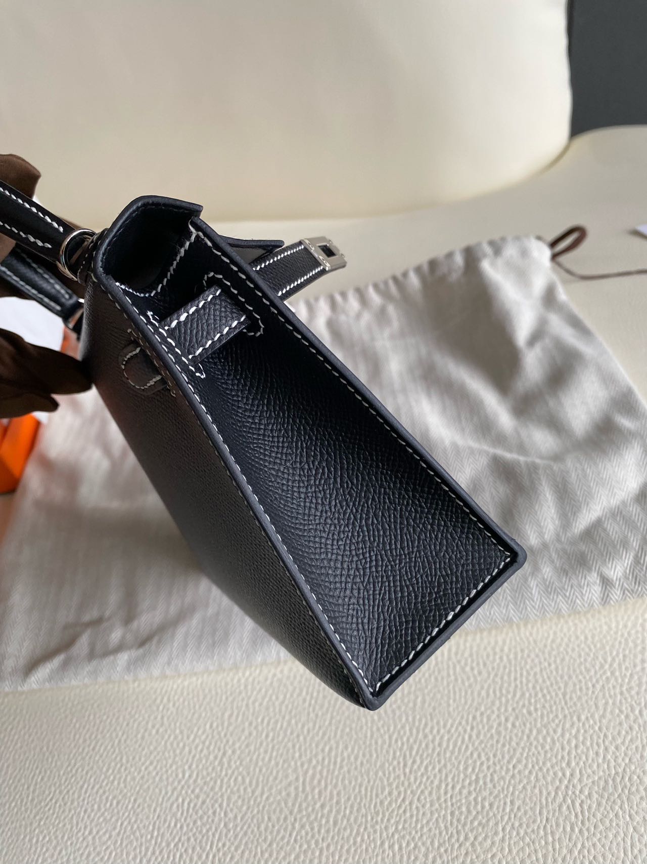 Pre-owned Certified Hermes Mini Kelly SO Black Epsom Leather with White Stitching, with Silver Hardware, 2025 (K stamp), w/ Full Set