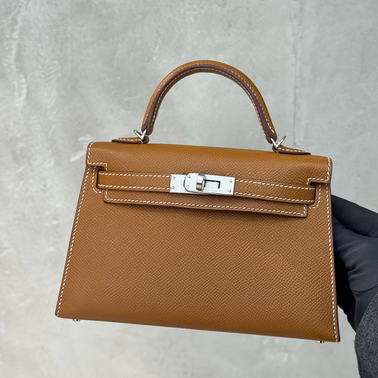 Pre-owned Certified Hermes Mini Kelly in Golden Brown Epsom Leather with Silver Hardware, 2024, w/ Full Set