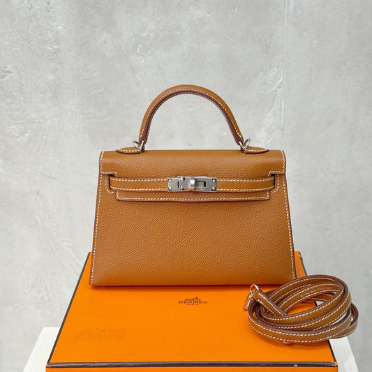 Pre-owned Certified Hermes Mini Kelly in Golden Brown Epsom Leather with Silver Hardware, 2024, w/ Full Set