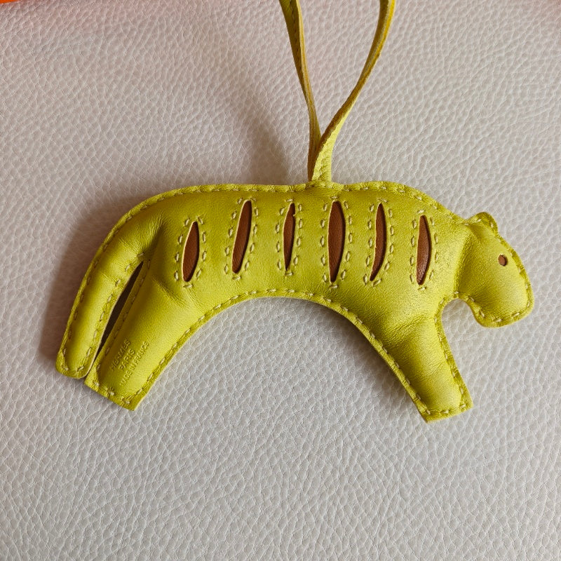 Pre-owned Certified Hermes Rooroo Tiger Bag Charm in Yellow and Brown Lambskin