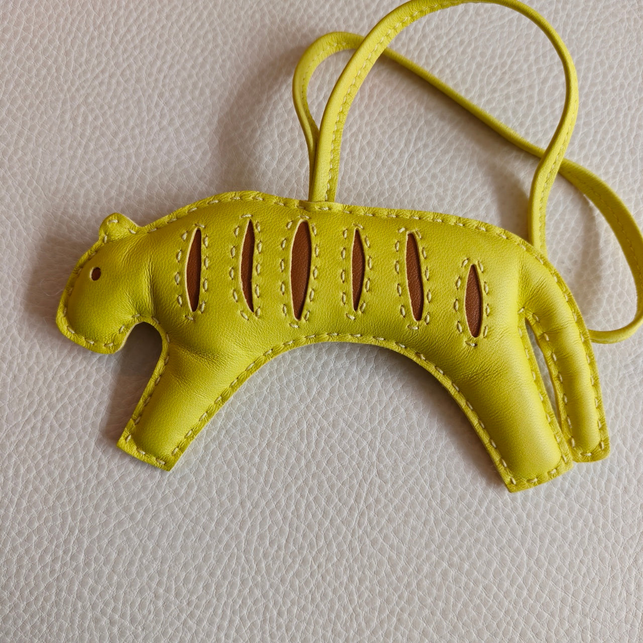 Pre-owned Certified Hermes Rooroo Tiger Bag Charm in Yellow and Brown Lambskin