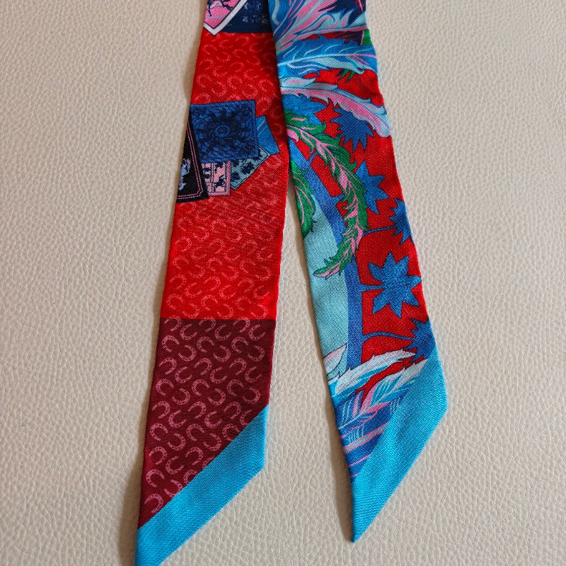 Pre-owned Certified Hermes Silk Twilly “Cheval Phoenix” in Red and Blue, w/box