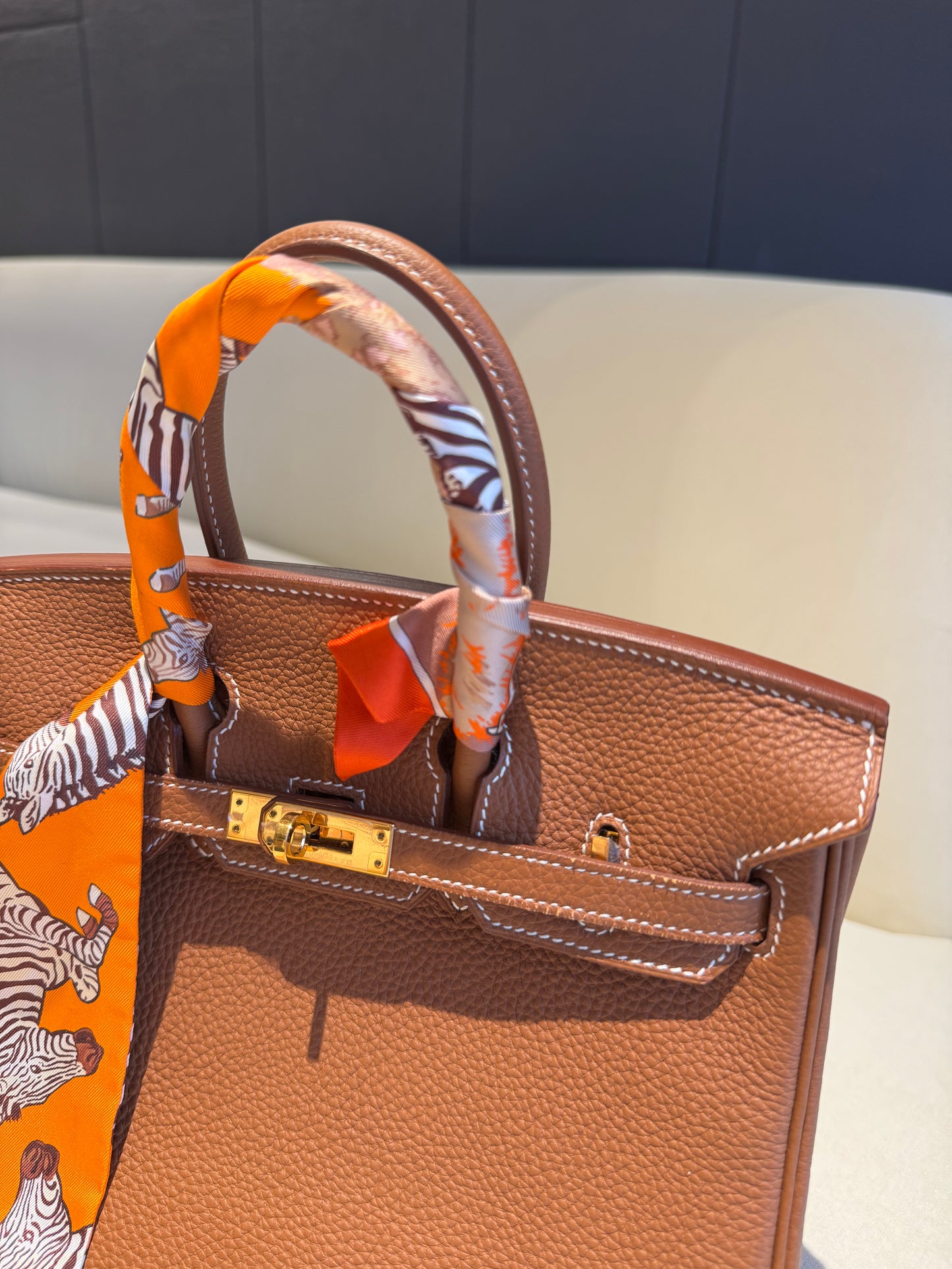 Not Used Hermes Silk Twilly Zebras in Orange and Browns, w/ box