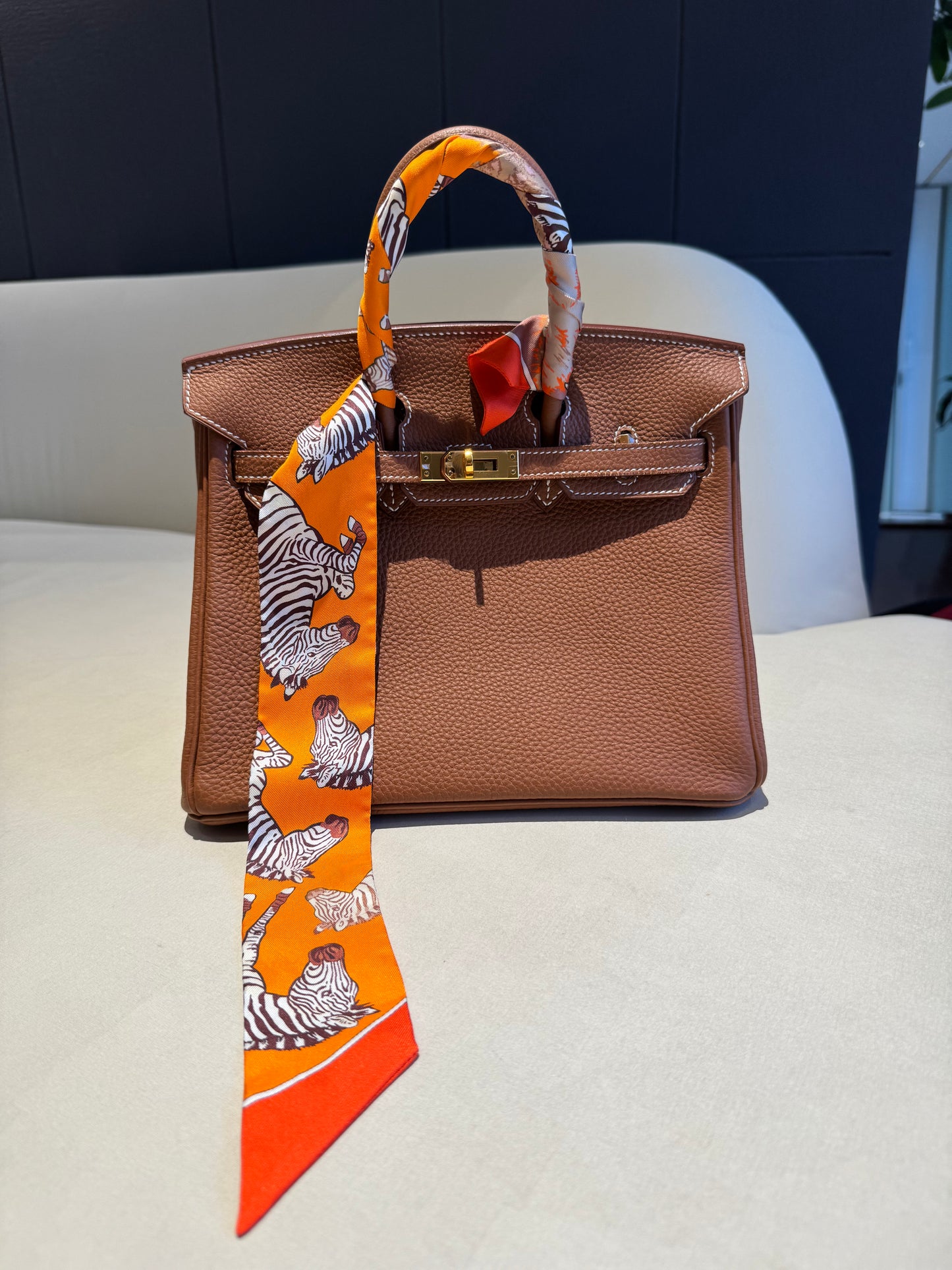 Not Used Hermes Silk Twilly Zebras in Orange and Browns, w/ box