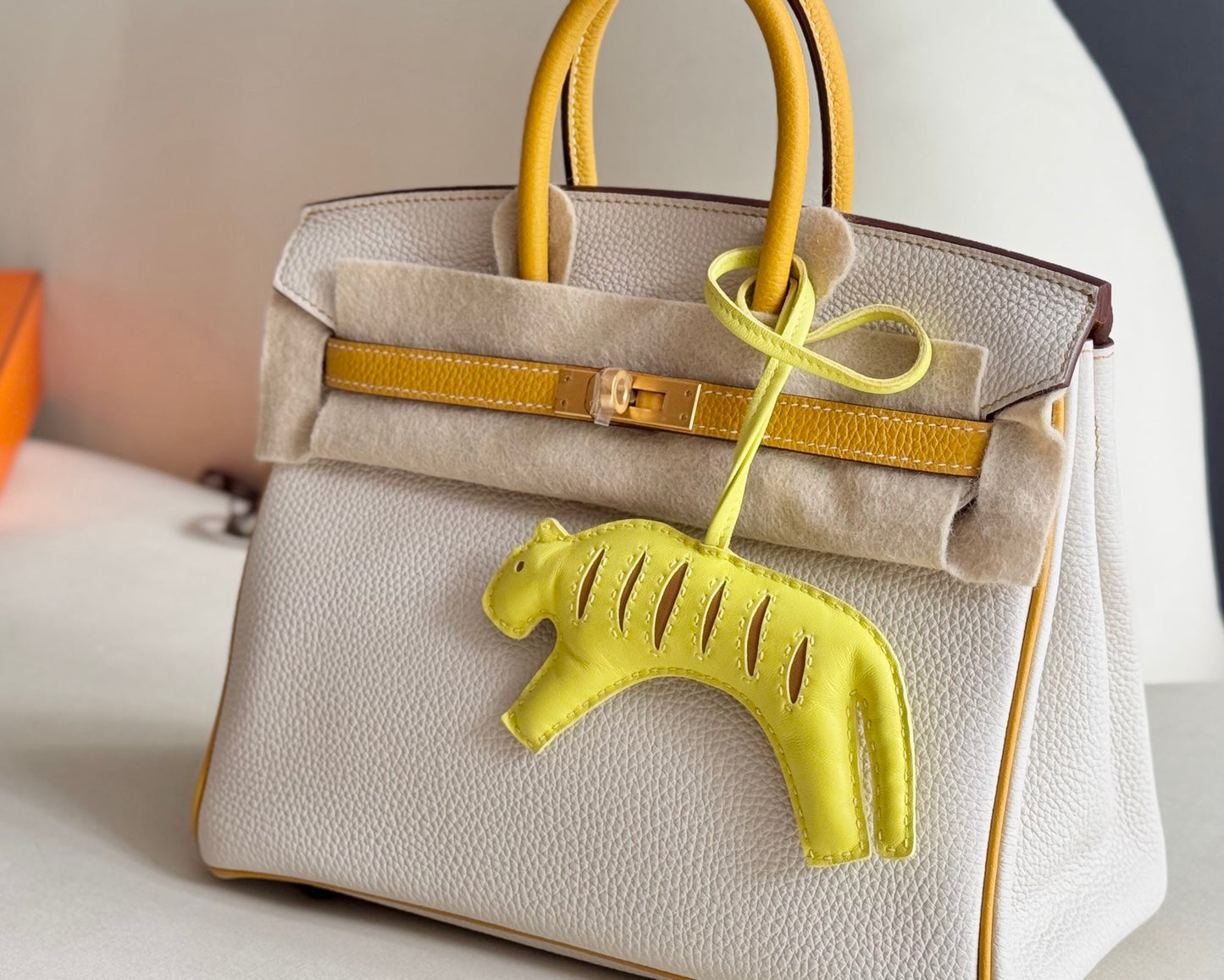 Pre-owned Certified Hermes Rooroo Tiger Bag Charm in Yellow and Brown Lambskin