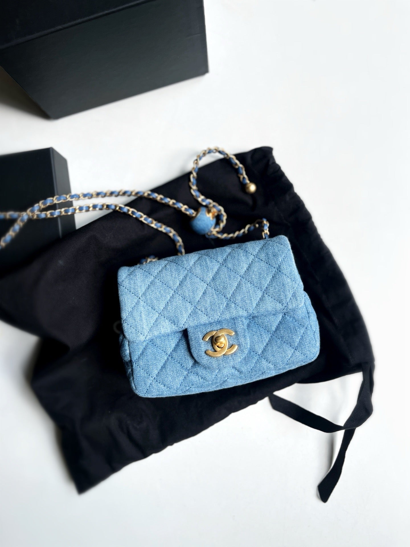 Pre-owned Chanel Classic Flap Mini Square Pearl Crash in Denim, Microchipped, w/ dust bag