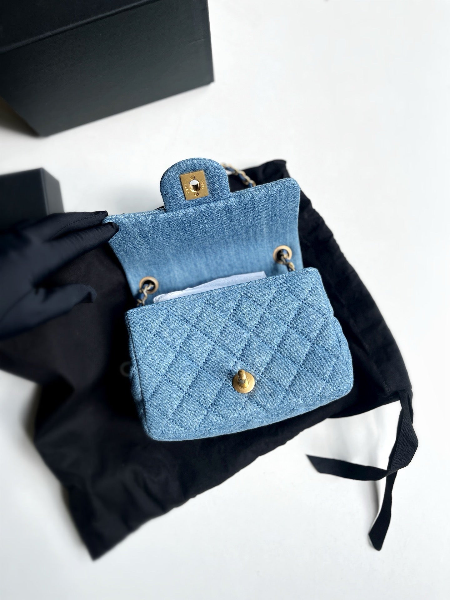 Pre-owned Chanel Classic Flap Mini Square Pearl Crash in Denim, Microchipped, w/ dust bag