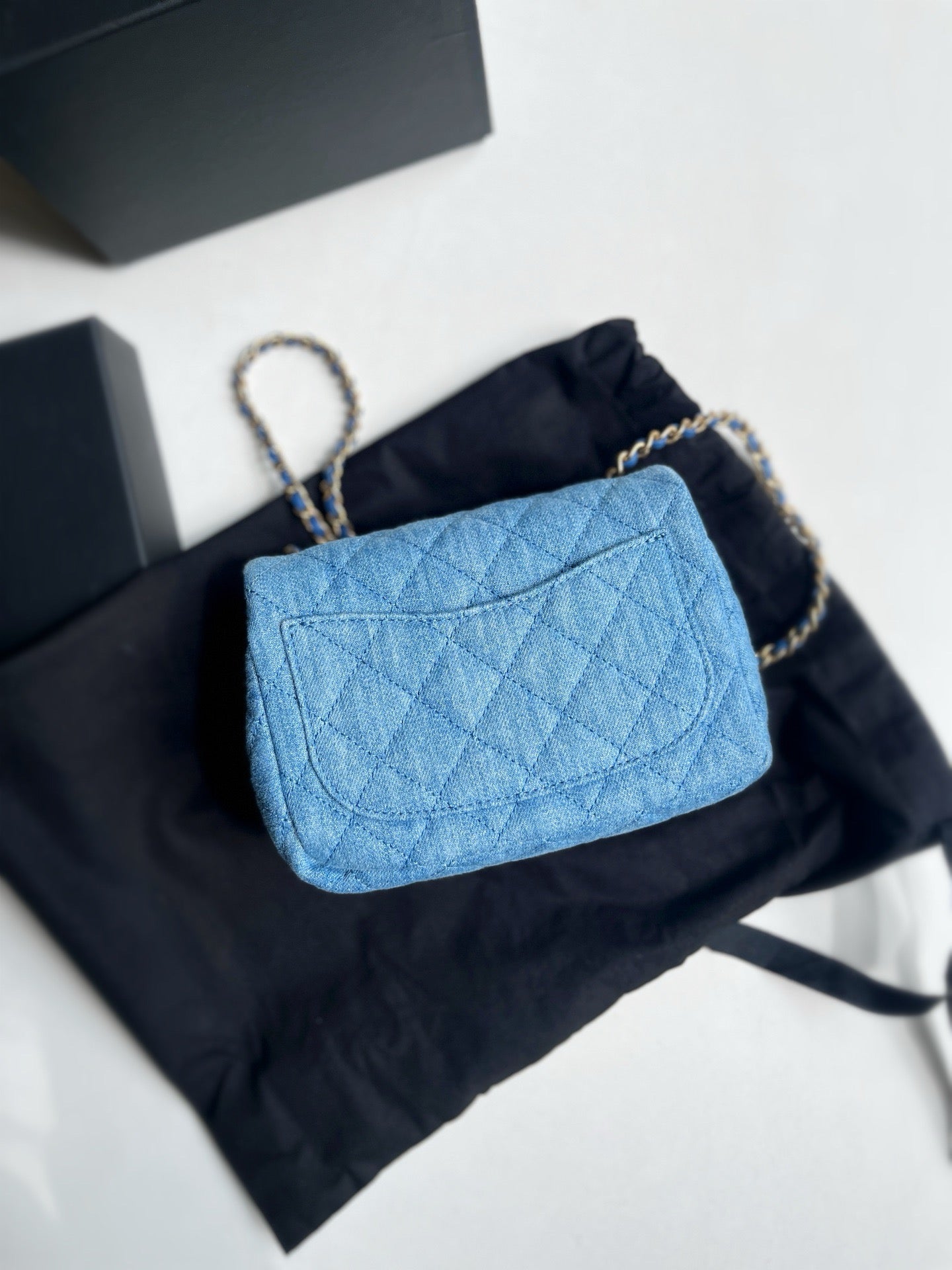 Pre-owned Chanel Classic Flap Mini Square Pearl Crash in Denim, Microchipped, w/ dust bag