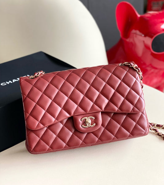 Pre-owned Chanel Classic Flap Jumbo Dark Red Lambskin, 2018, w/ card, dust bag