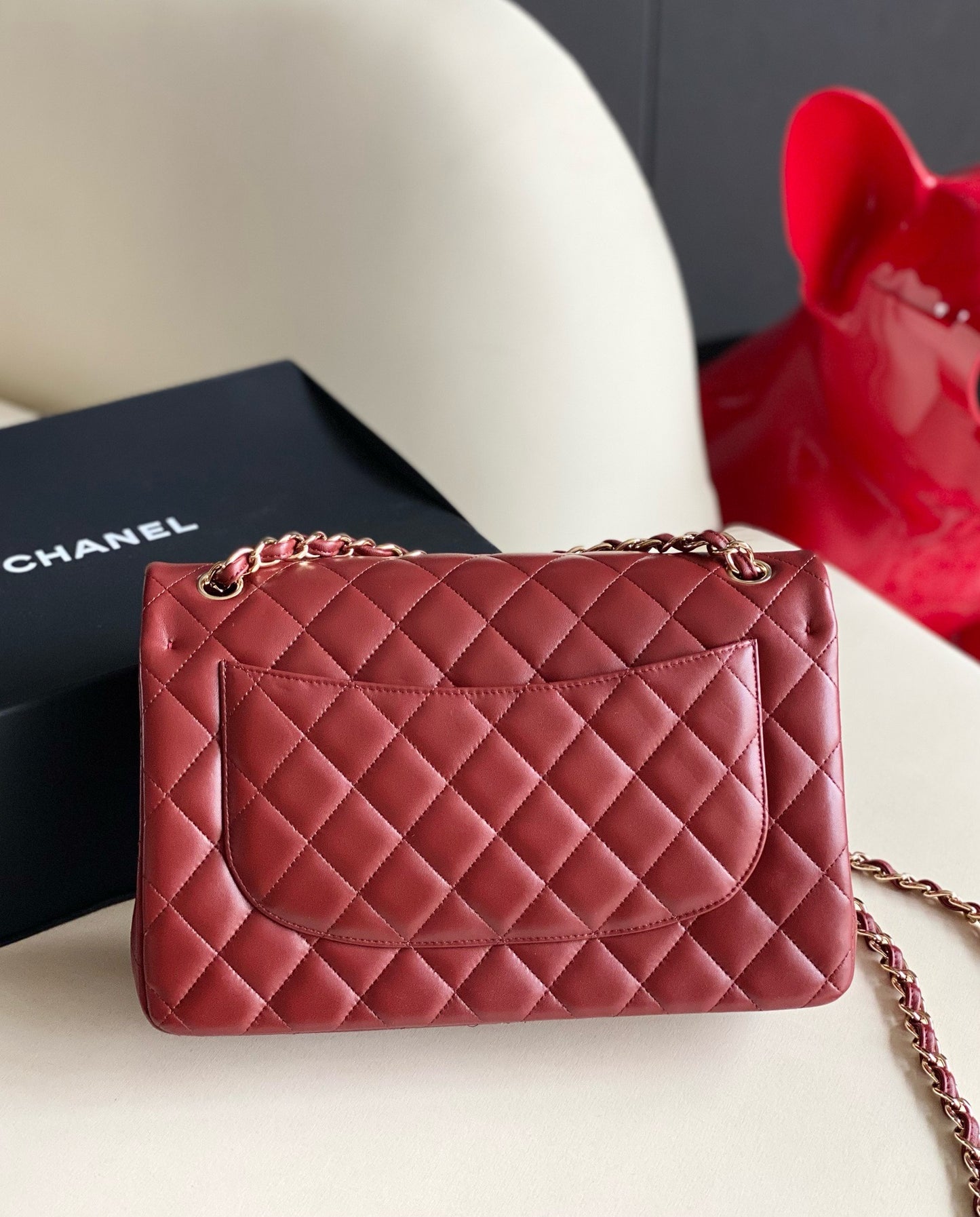 Pre-owned Chanel Classic Flap Jumbo Dark Red Lambskin, 2018, w/ card, dust bag