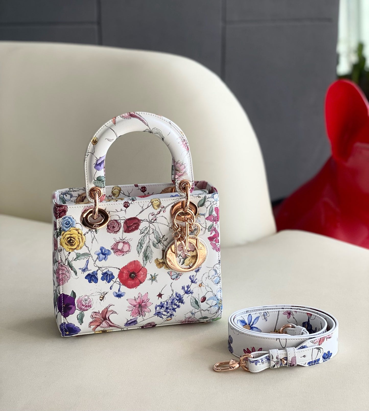 Pre-owned Lady Dior Small Special Edition White Floral Print