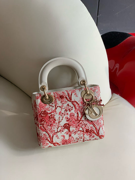 Pre-owned Lady Dior Mini with Red Floral Embroidery