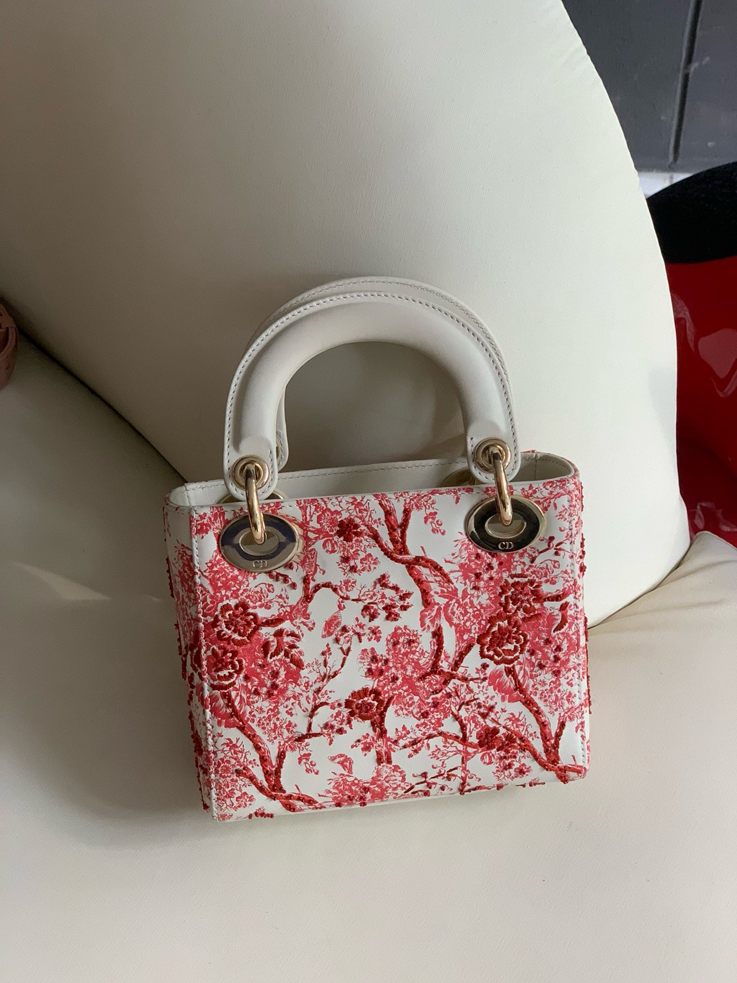 Pre-owned Lady Dior Mini with Red Floral Embroidery