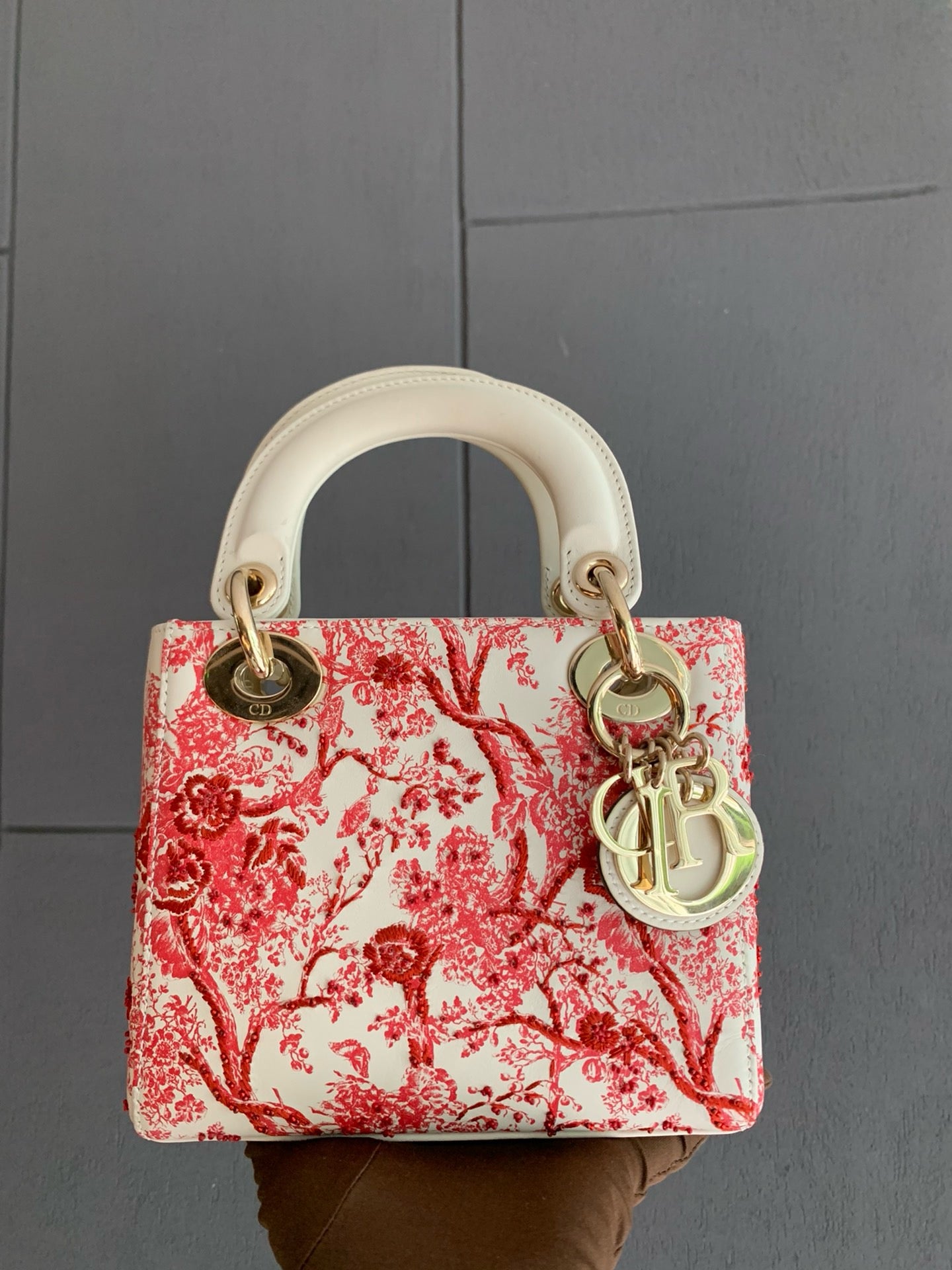 Pre-owned Lady Dior Mini with Red Floral Embroidery