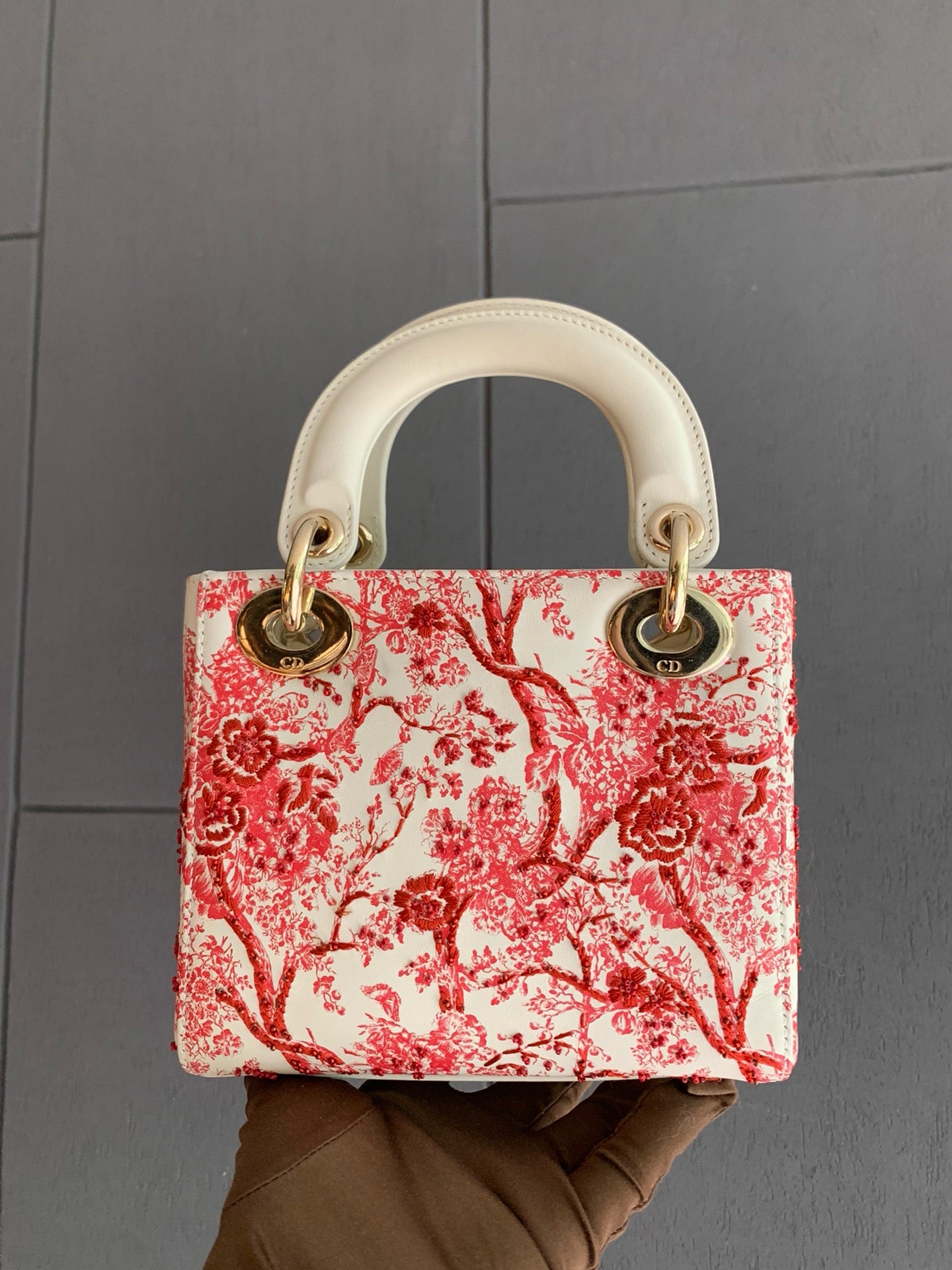 Pre-owned Lady Dior Mini with Red Floral Embroidery