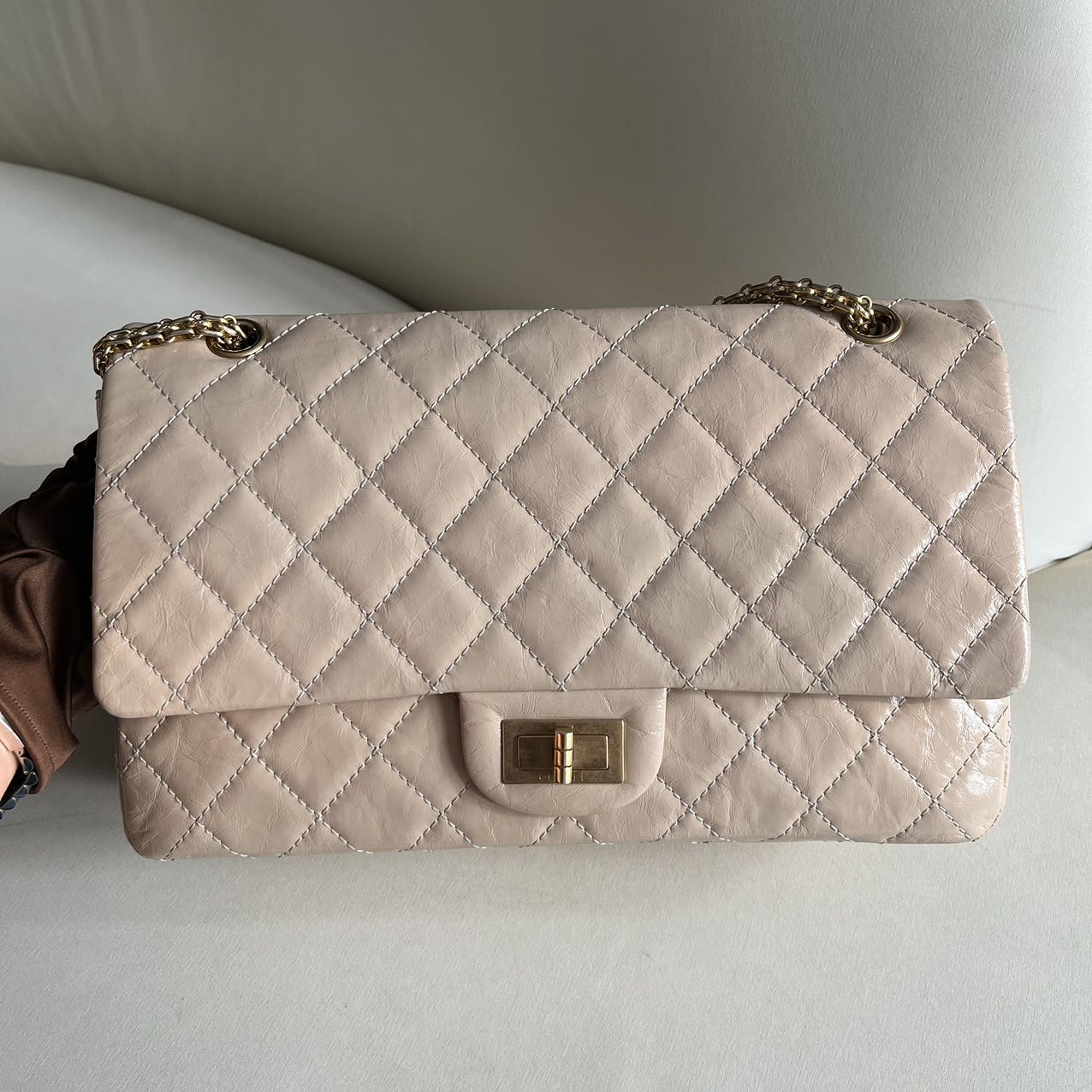 Pre-owned Chanel 2.55 Reissue Maxi Beige Patent Leather, 2015, w/ card, dust bag