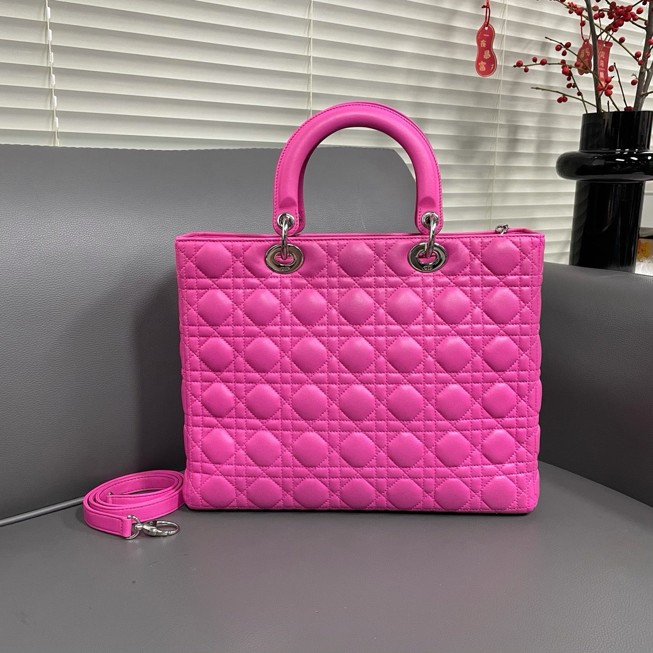 Pre-owned Dior Lady Dior Pink Lambskin 7-grid Cannage pattern