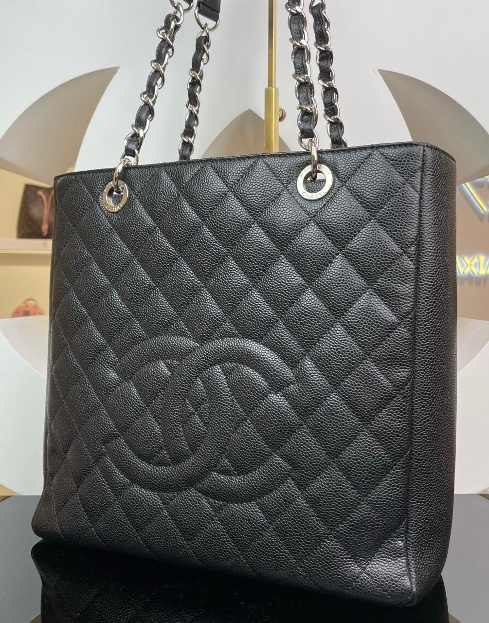 Pre-owned Chanel CC PST Black Caviar Leather w/ silver hardware