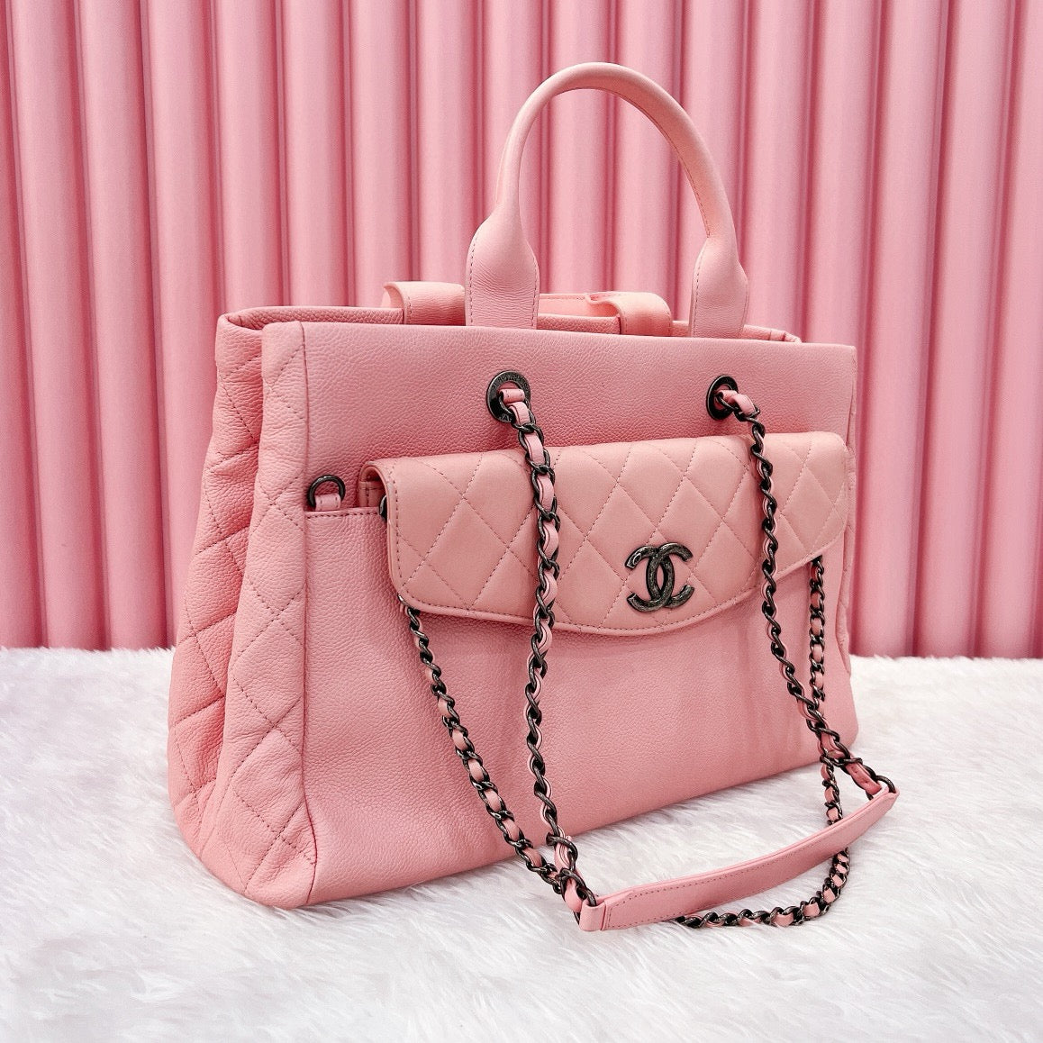 Pre-owned Chanel CC Coco Break Shopping Tote 2in1 Soft Pink Caviar Leather