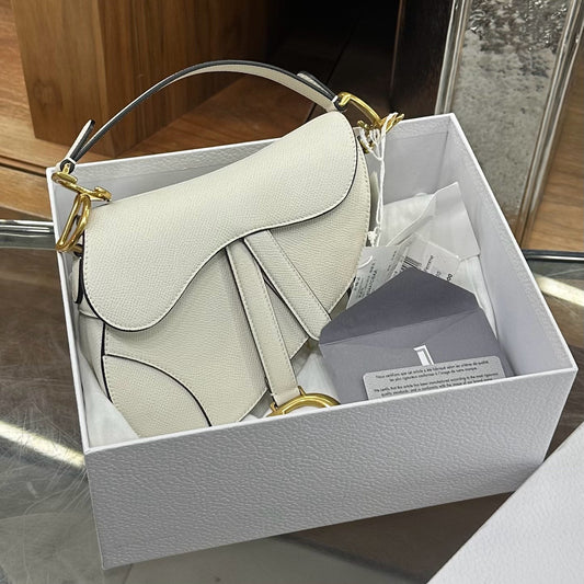 Pre-owned Not Used Dior Saddle Small White All Leather Golden Hardware, 2020, Full Set