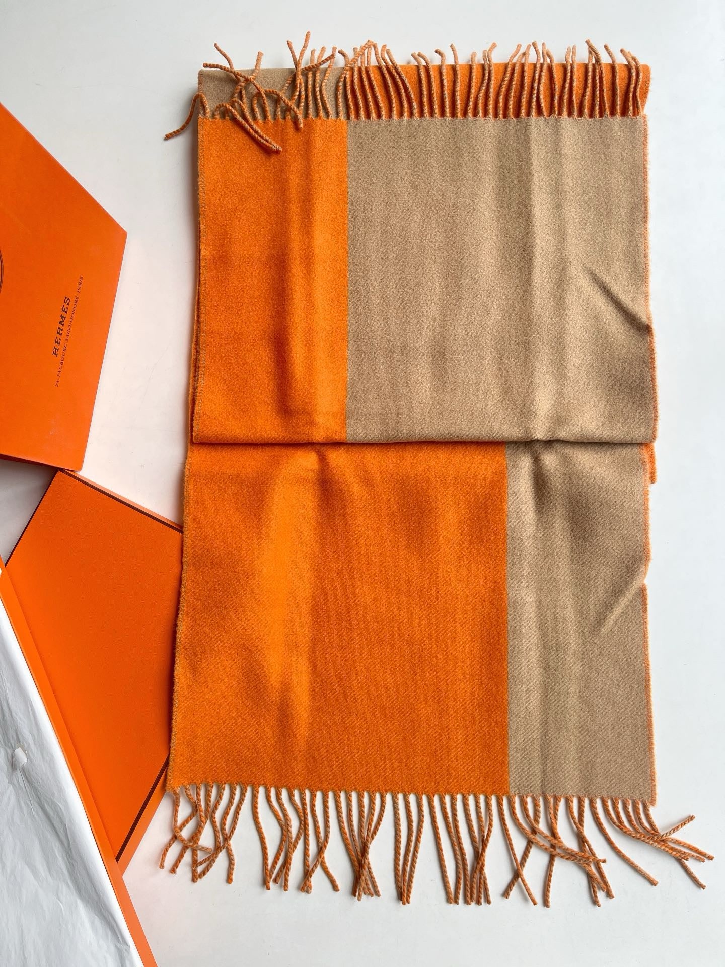 Hermes Cashmere Shawl 40x195cm Orange and Camel Color Scheme, Not Used, w/ box,