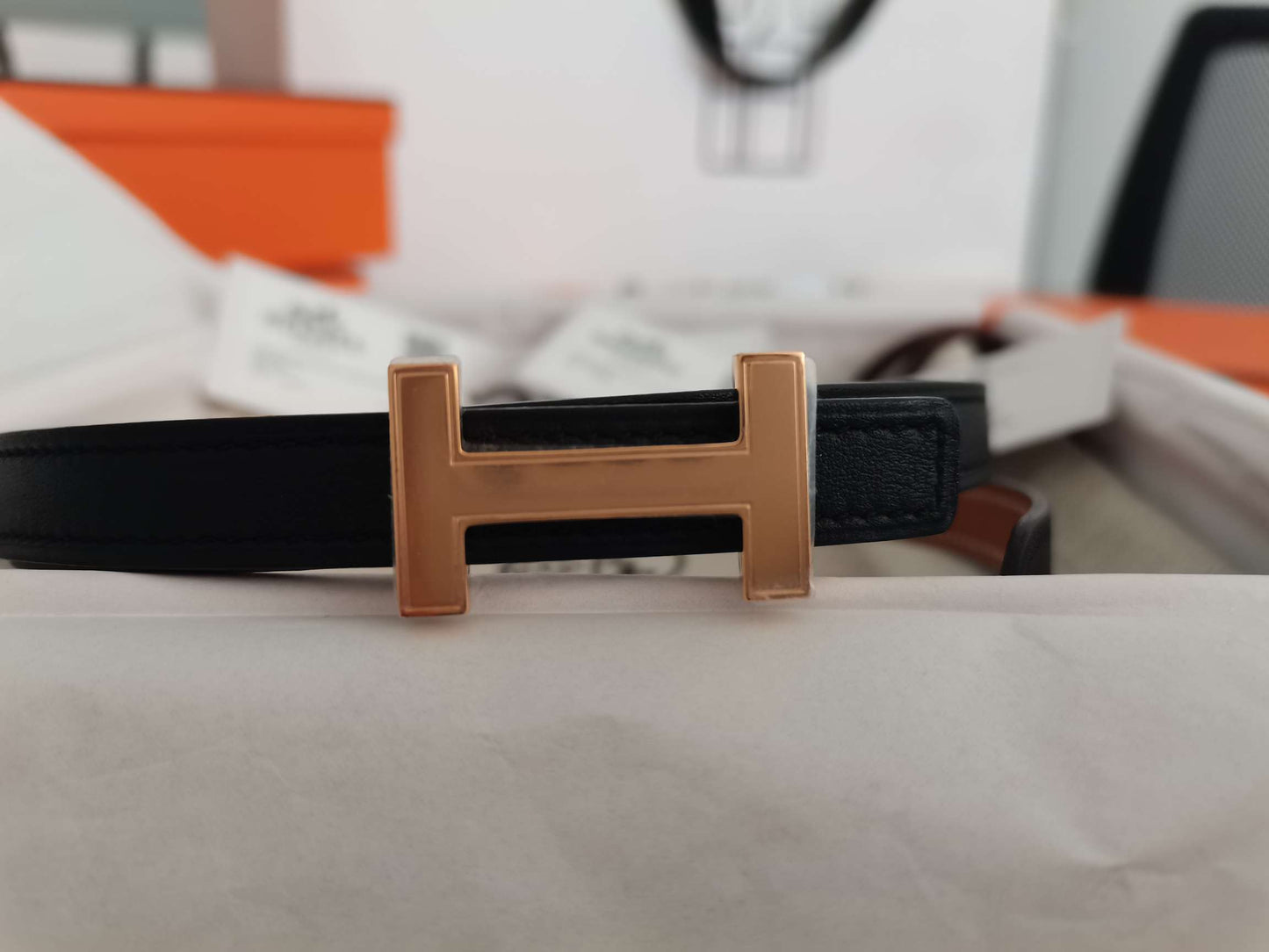 Hermes H Clasp Belt Thin (13mm) Reversible Golden Brown Epsom & Black, Size 75, S Condition