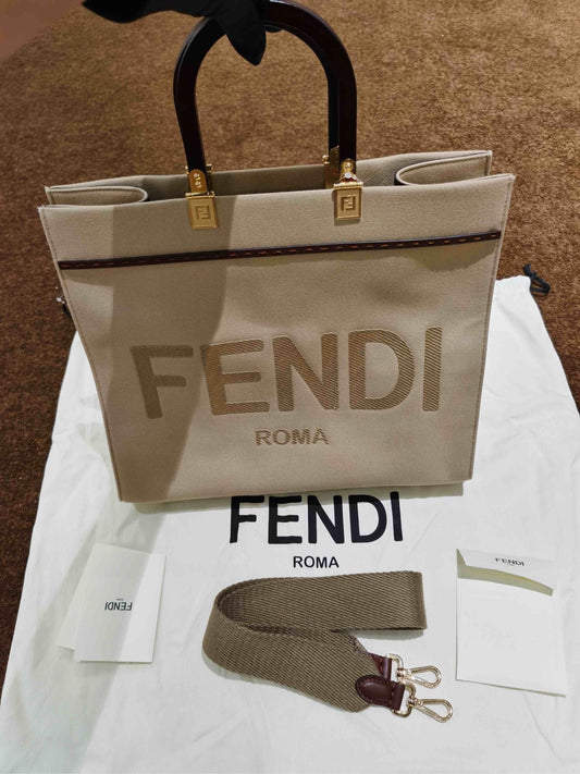 New Gems | Pre-owned Fendi Sunshine Canvas Beige with Wooden Handles