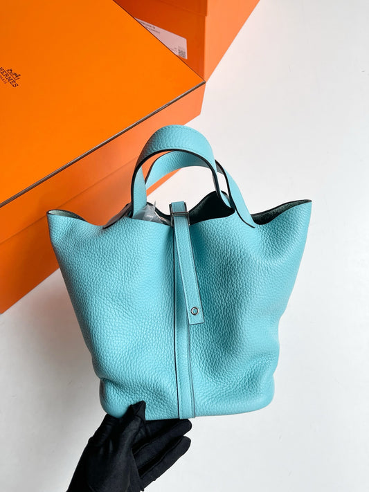 Pre-owned Hermes Picotin 22, Clemence 3Z Bleu St Cyr, 2018 w/ dust bag, lock&key