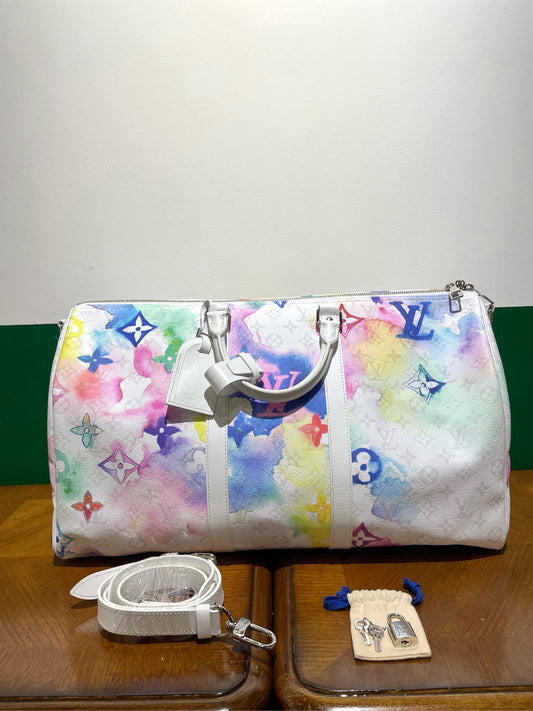 New Gems | Pre-owned Limited Edition LV Louis Vuitton Keepall Bandoulière 50 Monogram Watercolor Microchipped