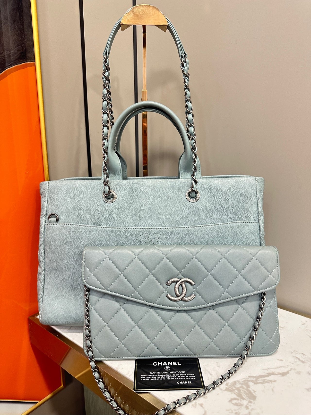 New Gems | Pre-owned Chanel CC Coco Break Shopping Tote 2in1 Mint Caviar Leather