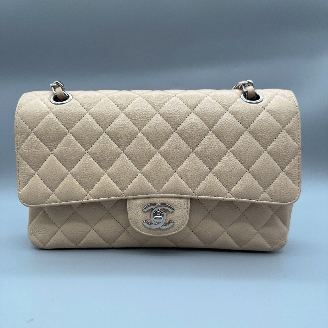 New Gems | Pre-owned Chanel CC Classic Flap Medium Beige Caviar Leather w/ Silver Hardware