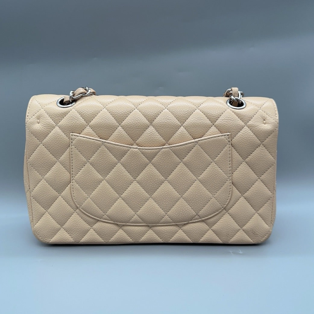 New Gems | Pre-owned Chanel CC Classic Flap Medium Beige Caviar Leather w/ Silver Hardware