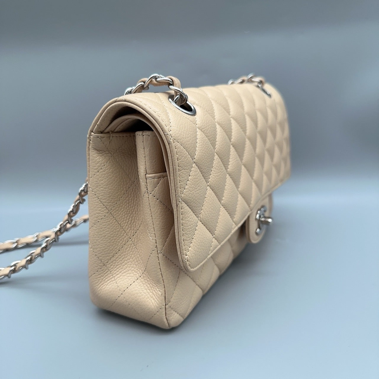 New Gems | Pre-owned Chanel CC Classic Flap Medium Beige Caviar Leather w/ Silver Hardware