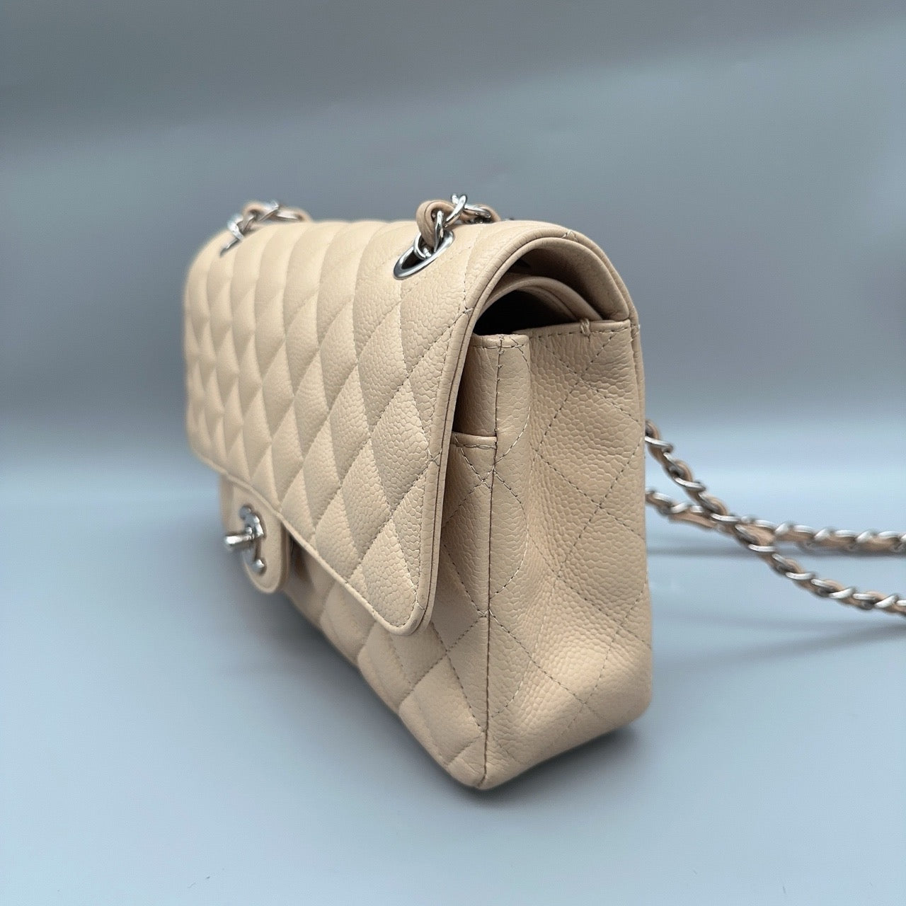 New Gems | Pre-owned Chanel CC Classic Flap Medium Beige Caviar Leather w/ Silver Hardware