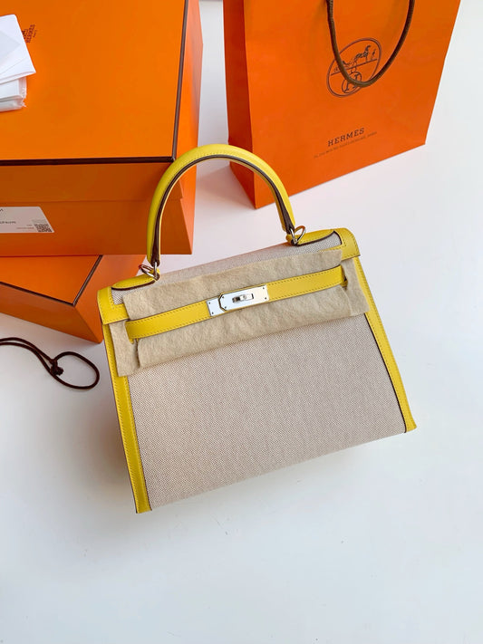 Pre-owned Hermes Kelly 28, 9O Jaune de Naples with Canvas, Palladium hw, 2020, w/ dust bag, lock&key, strap