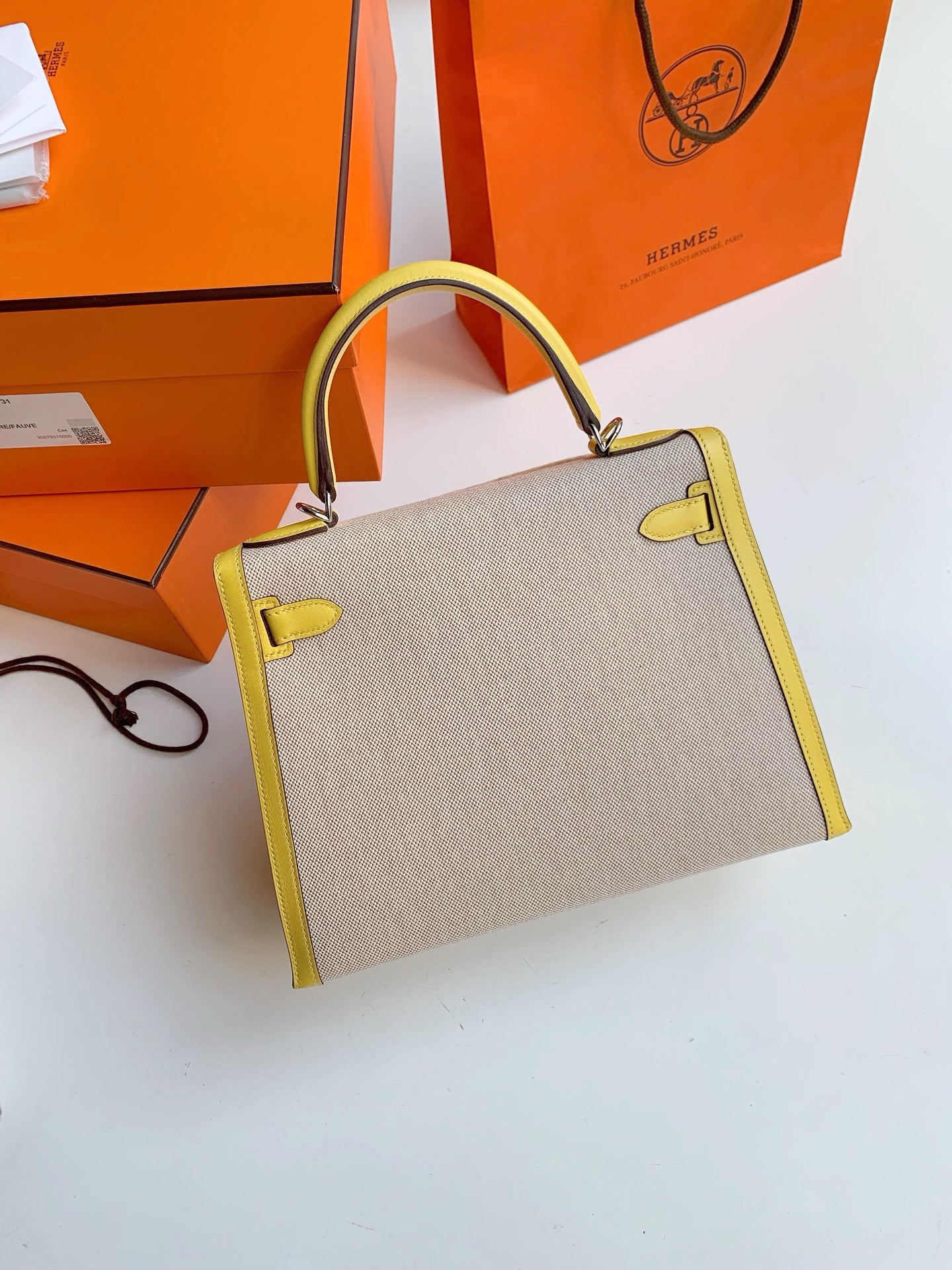 Pre-owned Hermes Kelly 28, 9O Jaune de Naples with Canvas, Palladium hw, 2020, w/ dust bag, lock&key, strap