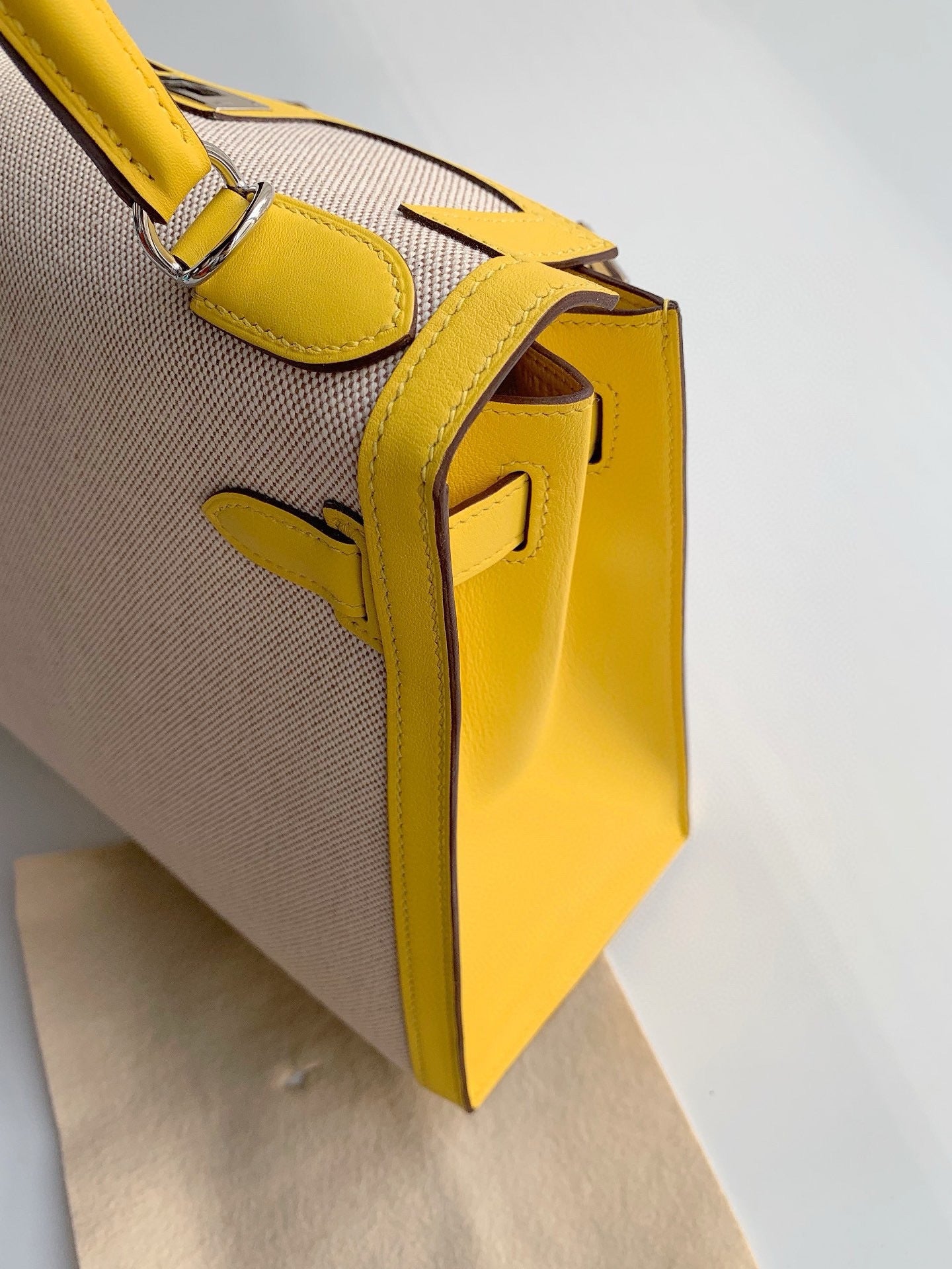 Pre-owned Hermes Kelly 28, 9O Jaune de Naples with Canvas, Palladium hw, 2020, w/ dust bag, lock&key, strap