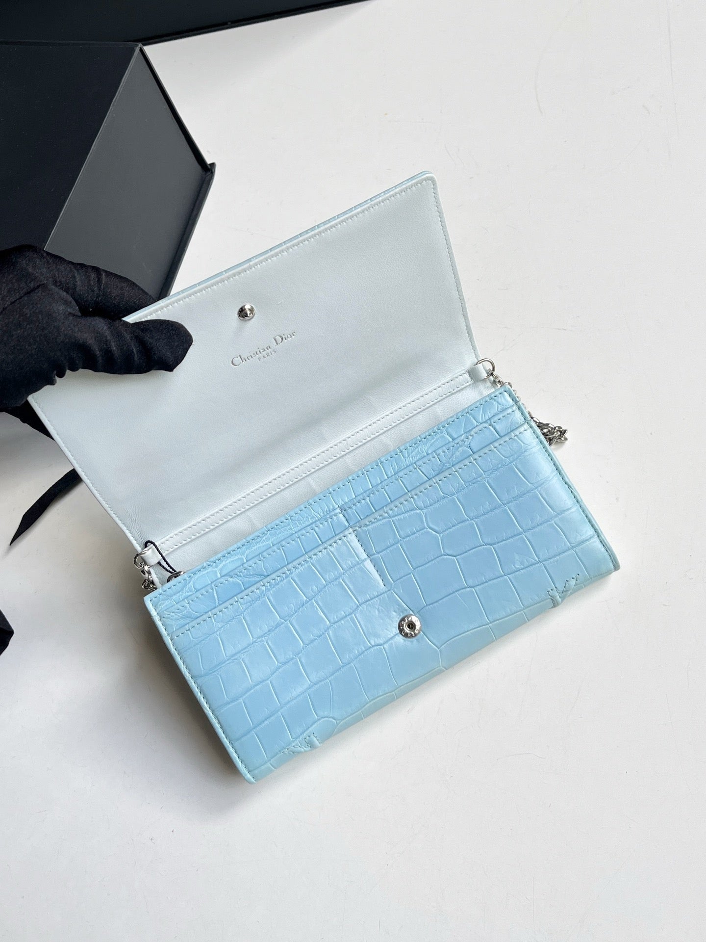 Pre-owned Dior Diorama WOC Baby Blue Natural Croc Skin, w/ dust bag