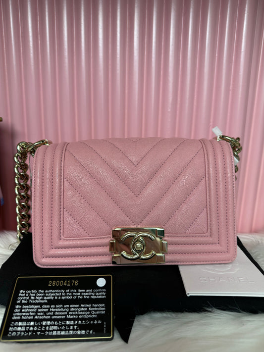 New Gems | Pre-loved Chanel Le Boy Small Soft Pink Caviar Leather w/ Golden Hardware with dust bag, card and receipt