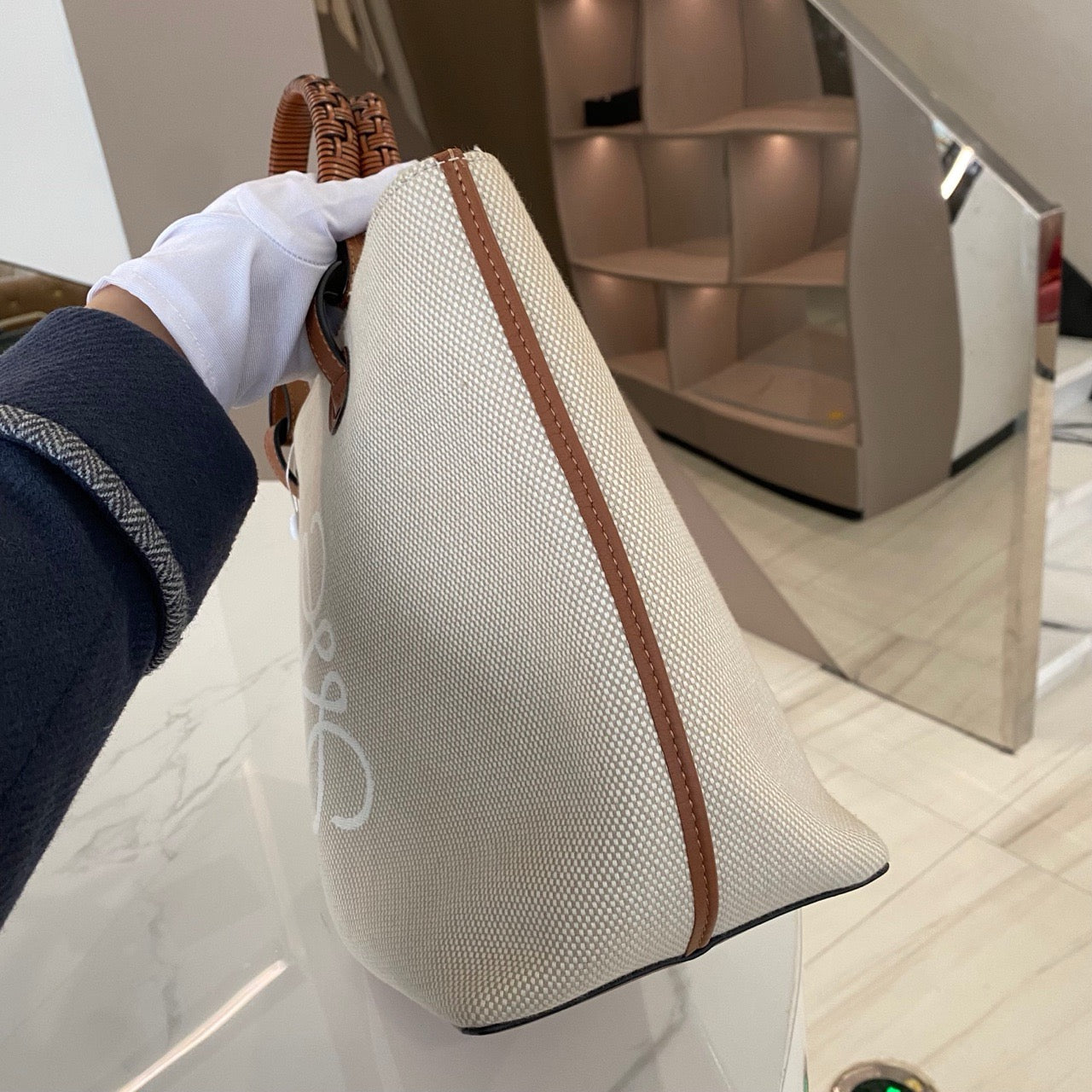 New Gems | Loewe Anagram Canvas Tote with Brown Calfskin trim A+ Condition