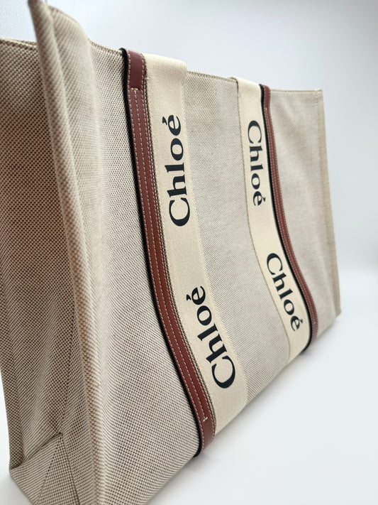 New Gems | Pre-owned Chloe Woody Large Linen Tote Natural Beige and Brown