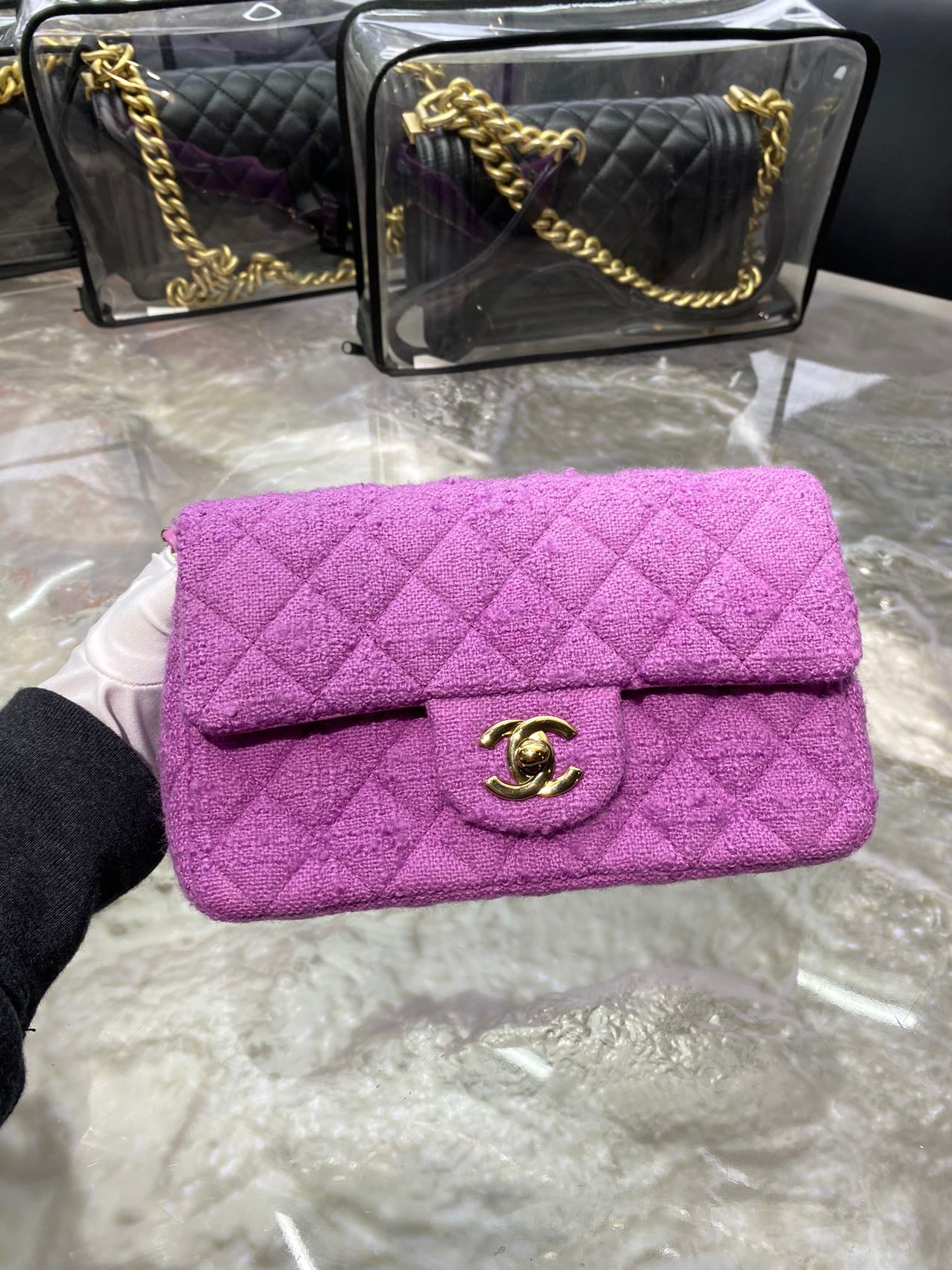 Pre-owned Chanel Mini CF Purple Tweed, microchipped, w/ dust bag