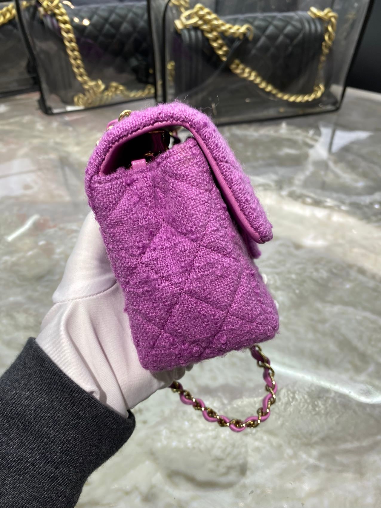 Pre-owned Chanel Mini CF Purple Tweed, microchipped, w/ dust bag